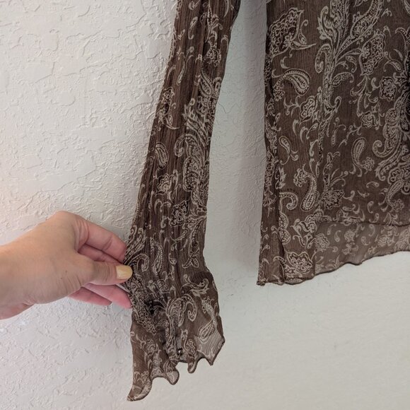 Vintage Sheer Paisley Whimsical Bell Sleeved Retro Button Up Blouse - Picture 5 of 6